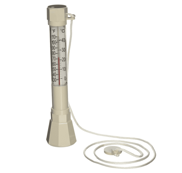 A beige Pentair R141200 No. 136 E-Z Read Combo Sink Or Float Thermometer with temperature readings in fahrenheit, including a cord for easy handling.